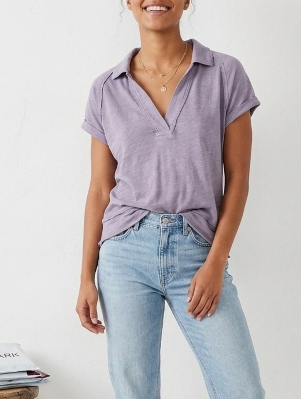 We The Free Raw Hem Pop your Collar Tee Purple XS